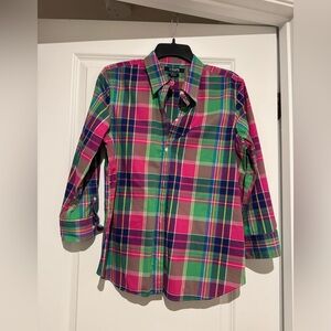 Chaps Women's Plaid Button Down Shirt - Green and Pink